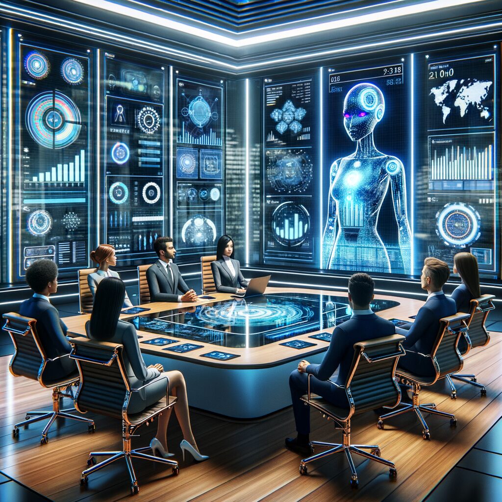Futuristic business meeting with AI integration.
