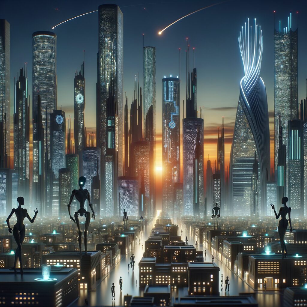 Futuristic cityscape with AI agents navigating.