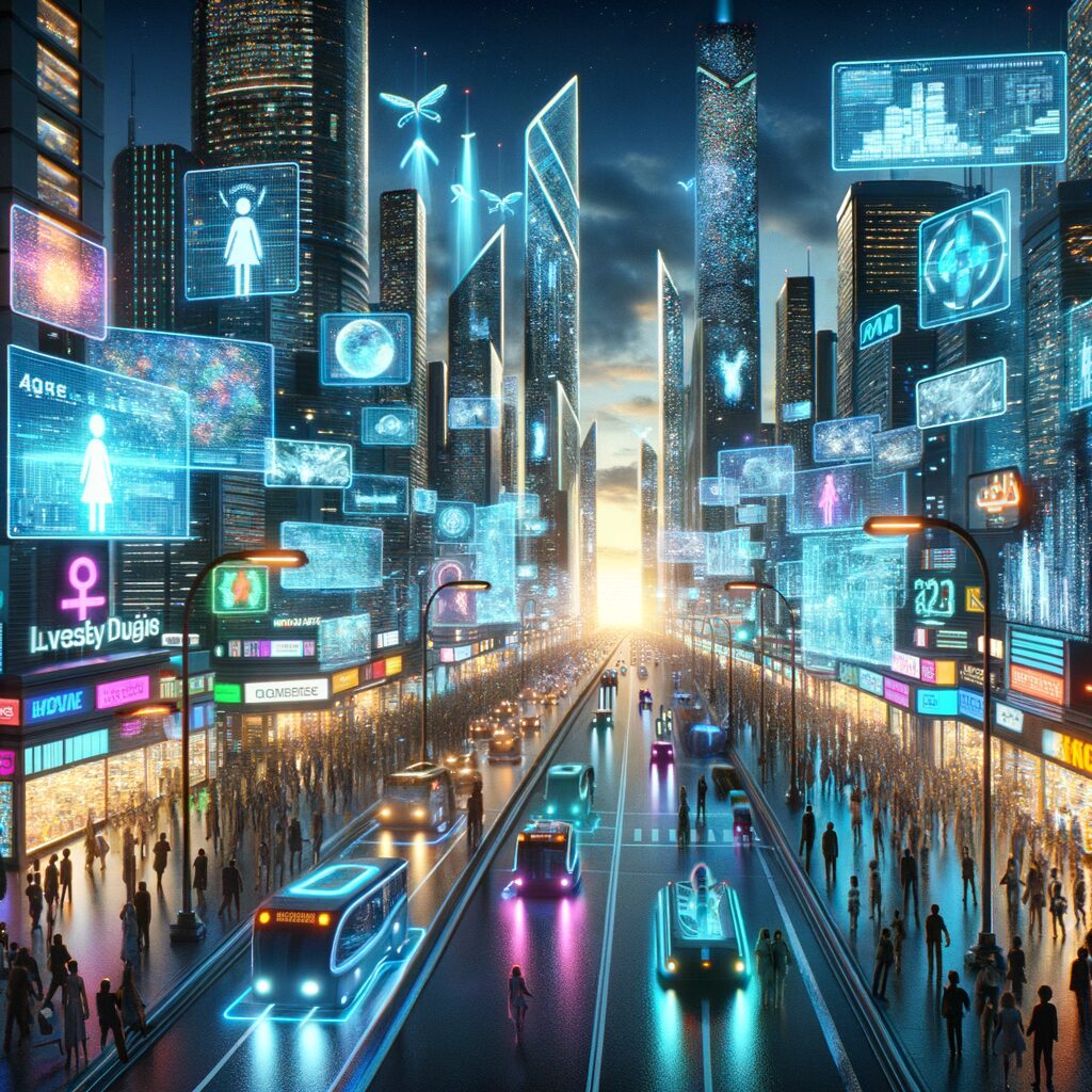 Futuristic cityscape with AI-driven digital interactions.