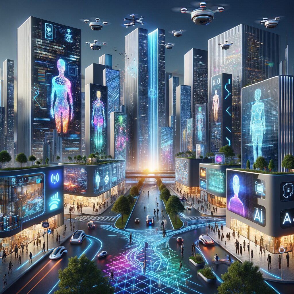 Futuristic cityscape with AI-driven digital interactions.