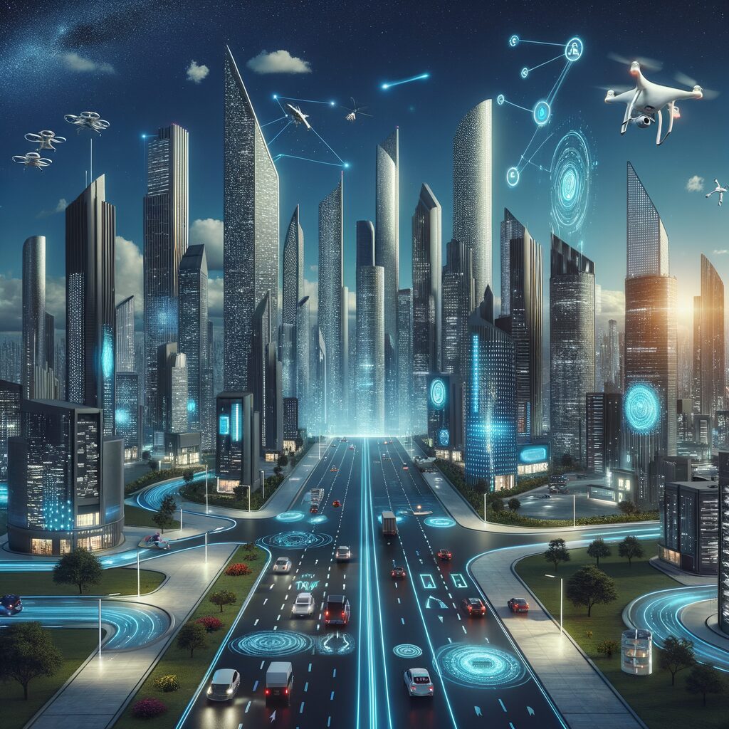 Futuristic cityscape with AI-driven innovation.