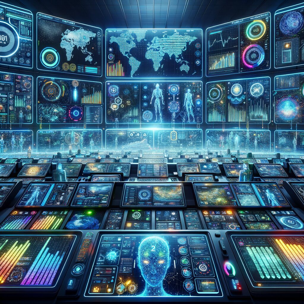 Futuristic dashboard monitoring AI-driven workforce.