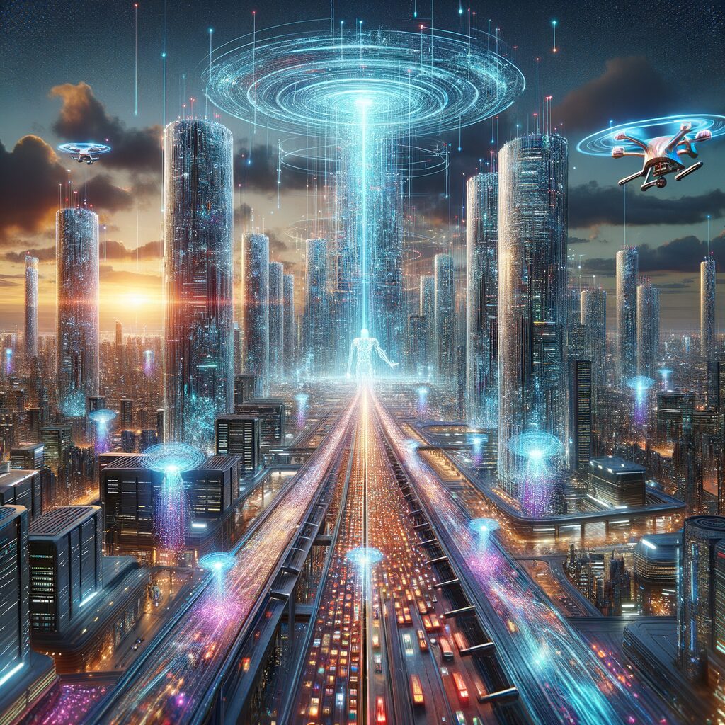Futuristic digital landscape with AI integration.
