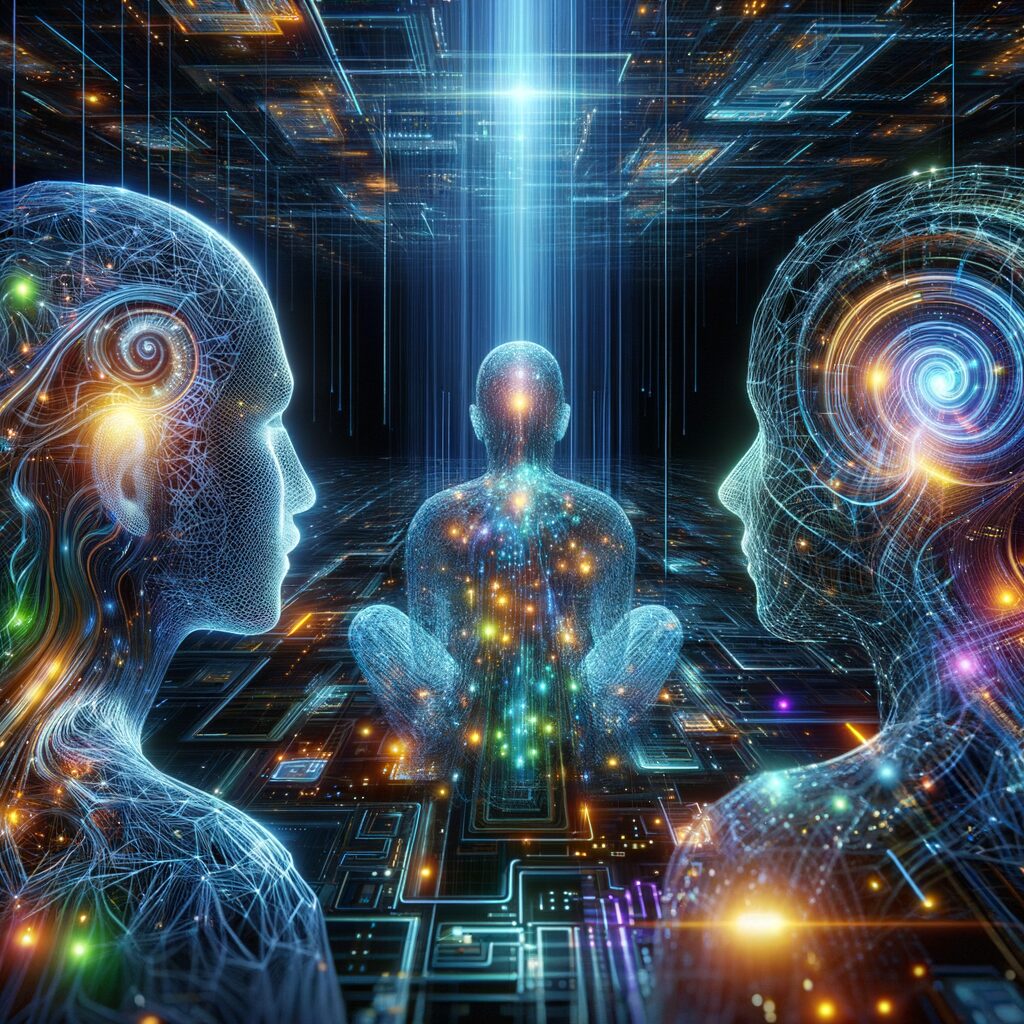 Futuristic digital network with AI agents.