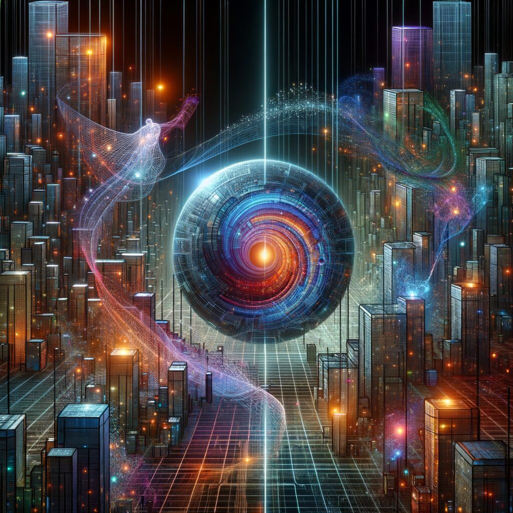 Futuristic digital network with AI agents.