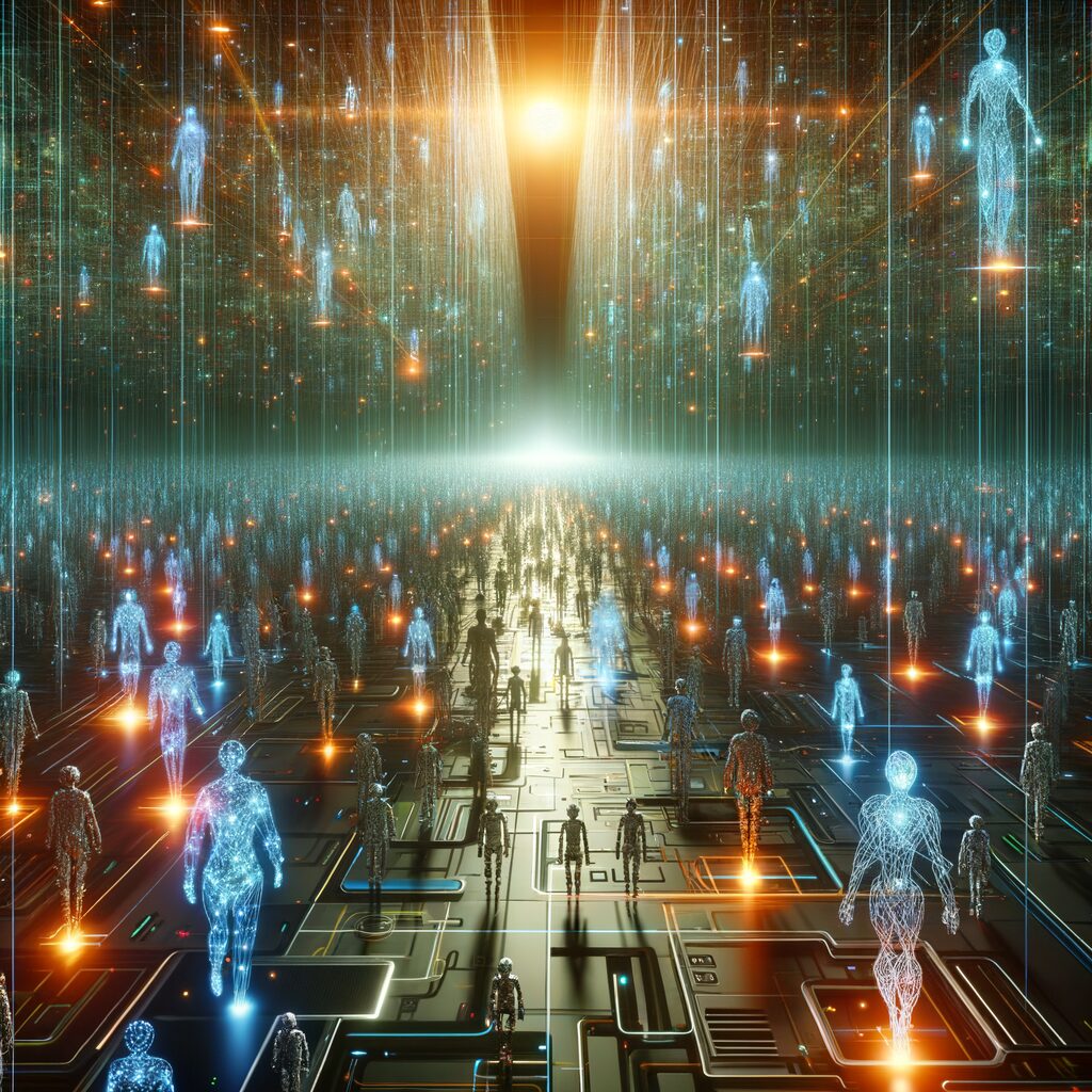 Futuristic digital network with autonomous AI agents.
