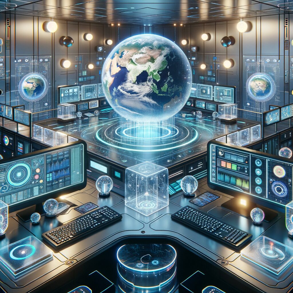Futuristic digital workspace with AI integration.