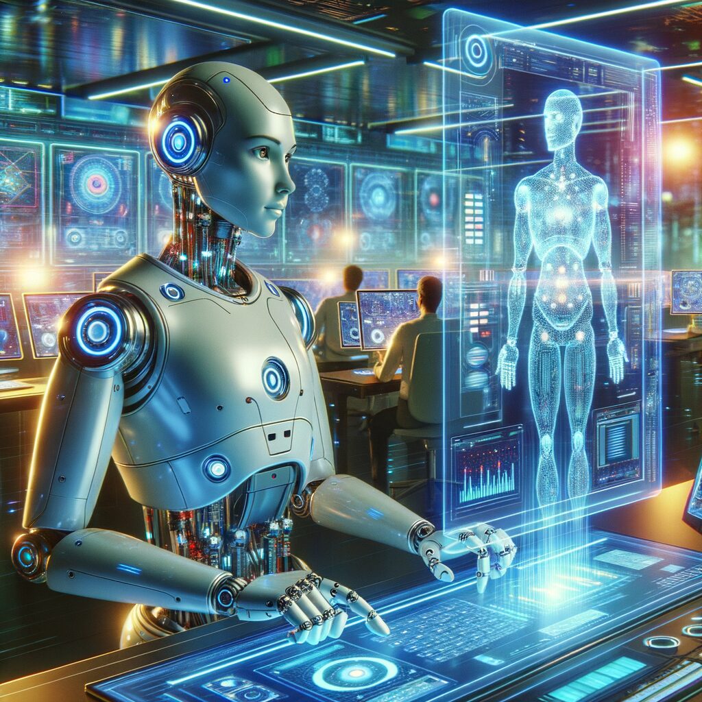 Futuristic humanoid robot managing digital workflows.