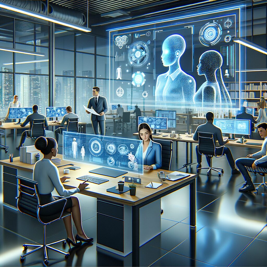 Futuristic office filled with AI digital coworkers.