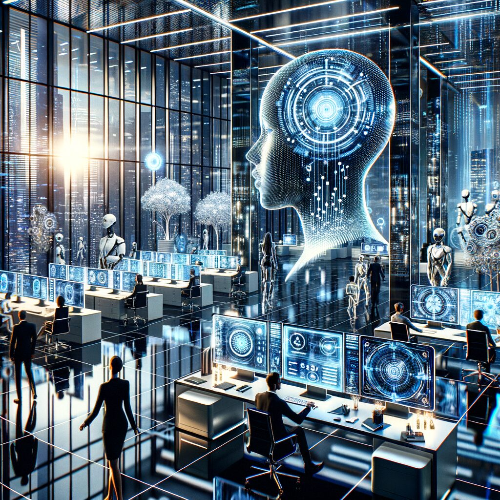 Futuristic office with AI collaboration displayed.