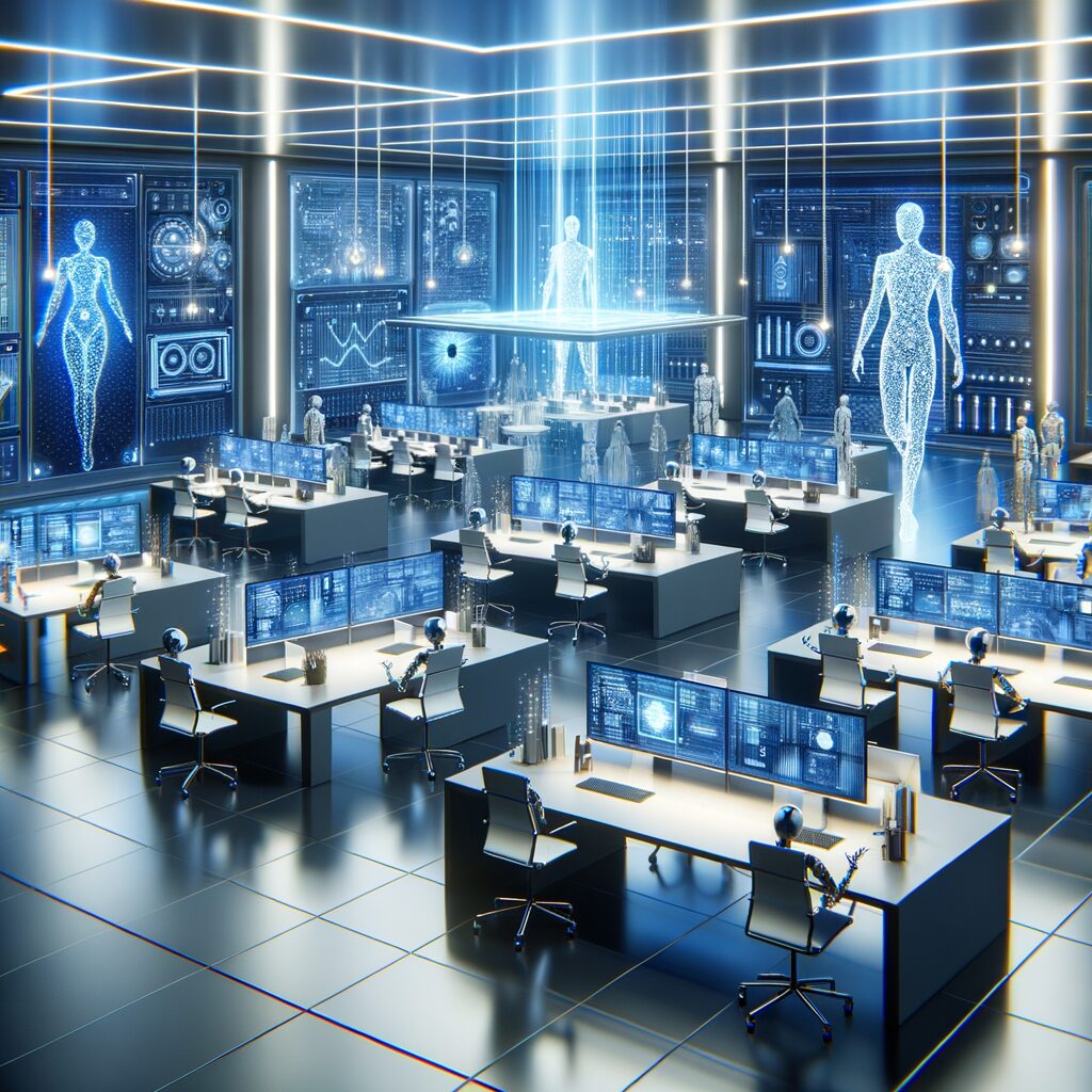 Futuristic workspace with AI agents collaborating.