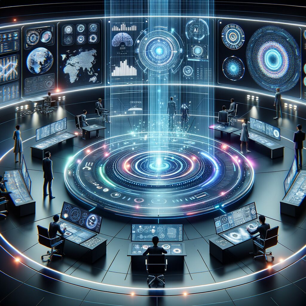 Futuristic workspace with AI-driven collaboration.