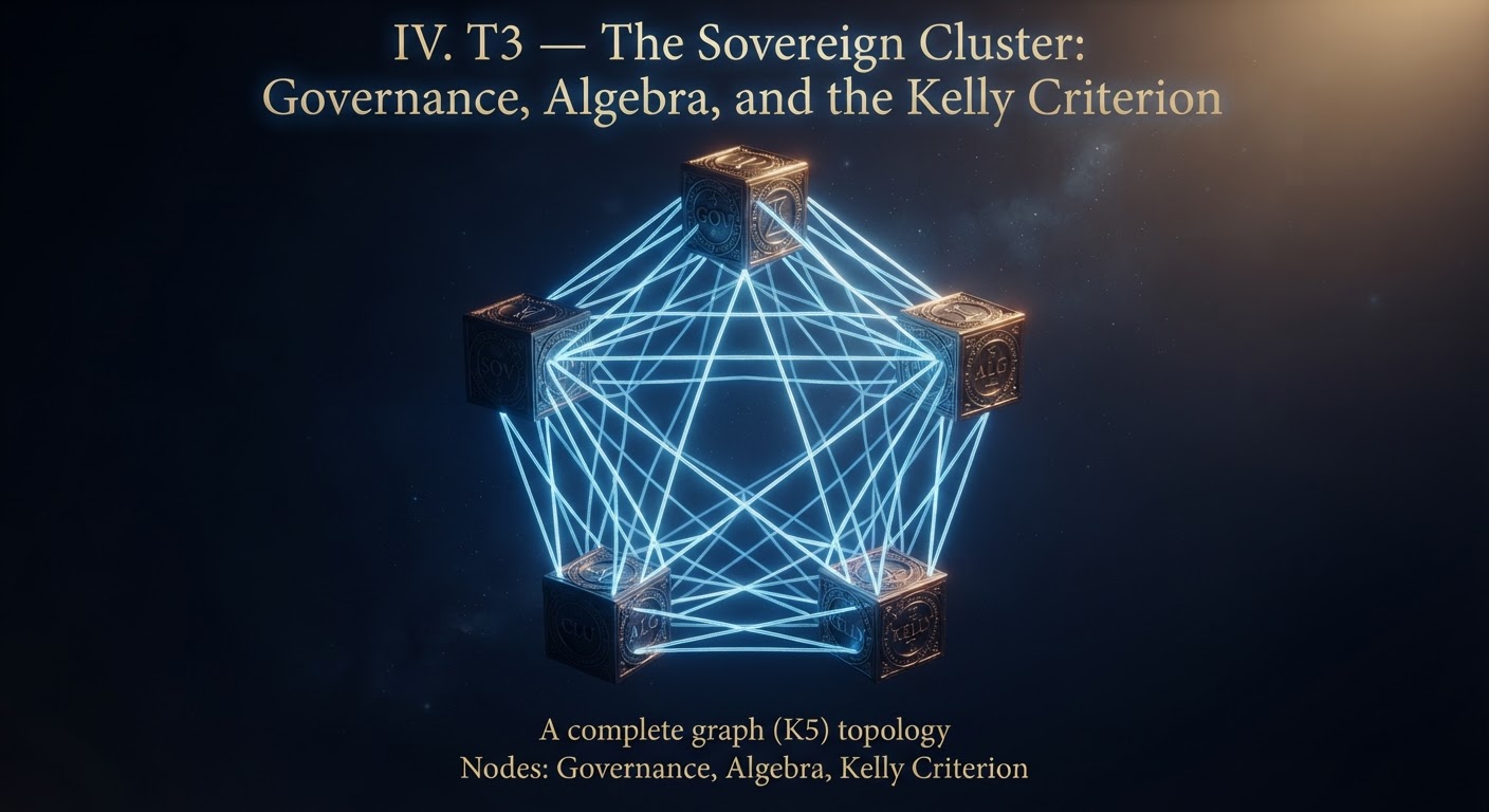 Glowing blue K5 graph on dark background, nodes for governance, algebra, Kelly criterion in sovereign cluster.