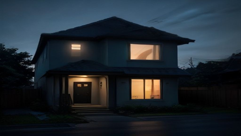 Family home at blue hour with discreet mesh cameras, solar panel, and cyberpunk skyline