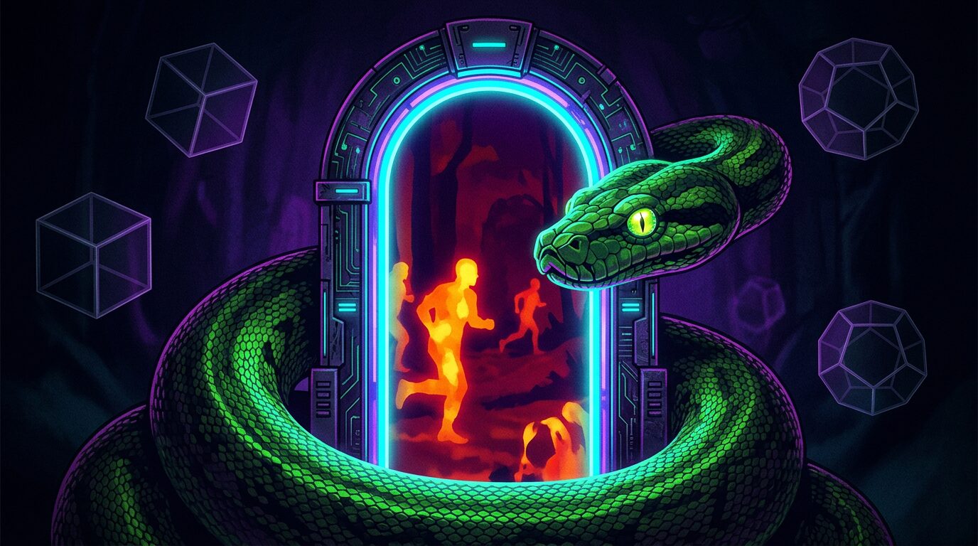 Cypherpunk goth artwork of a green python coiled around a narrow gateway, watching agent silhouettes in darkness