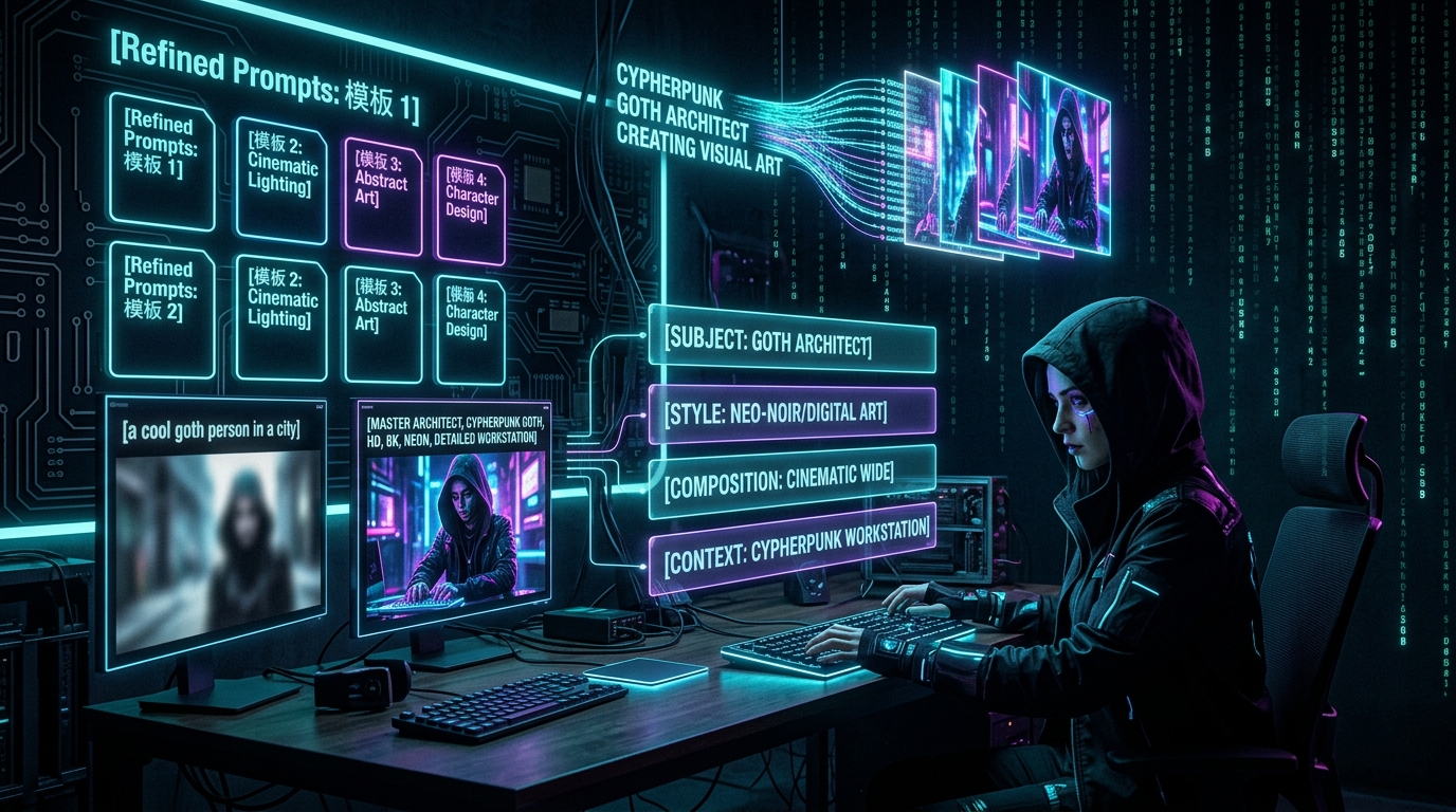 Prompt engineering as craft — cypherpunk goth visual narrative hero image