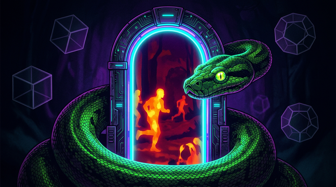 Cypherpunk goth artwork of a green python coiled around a narrow gateway, watching agent silhouettes in darkness