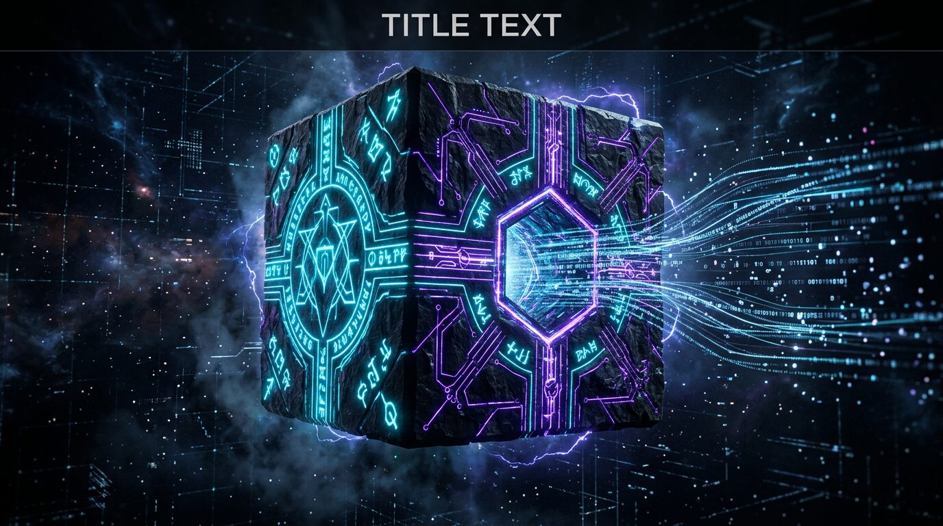 OpenFang cube gatekeeper — obsidian cube with neon cyan security runes in dark cyber void