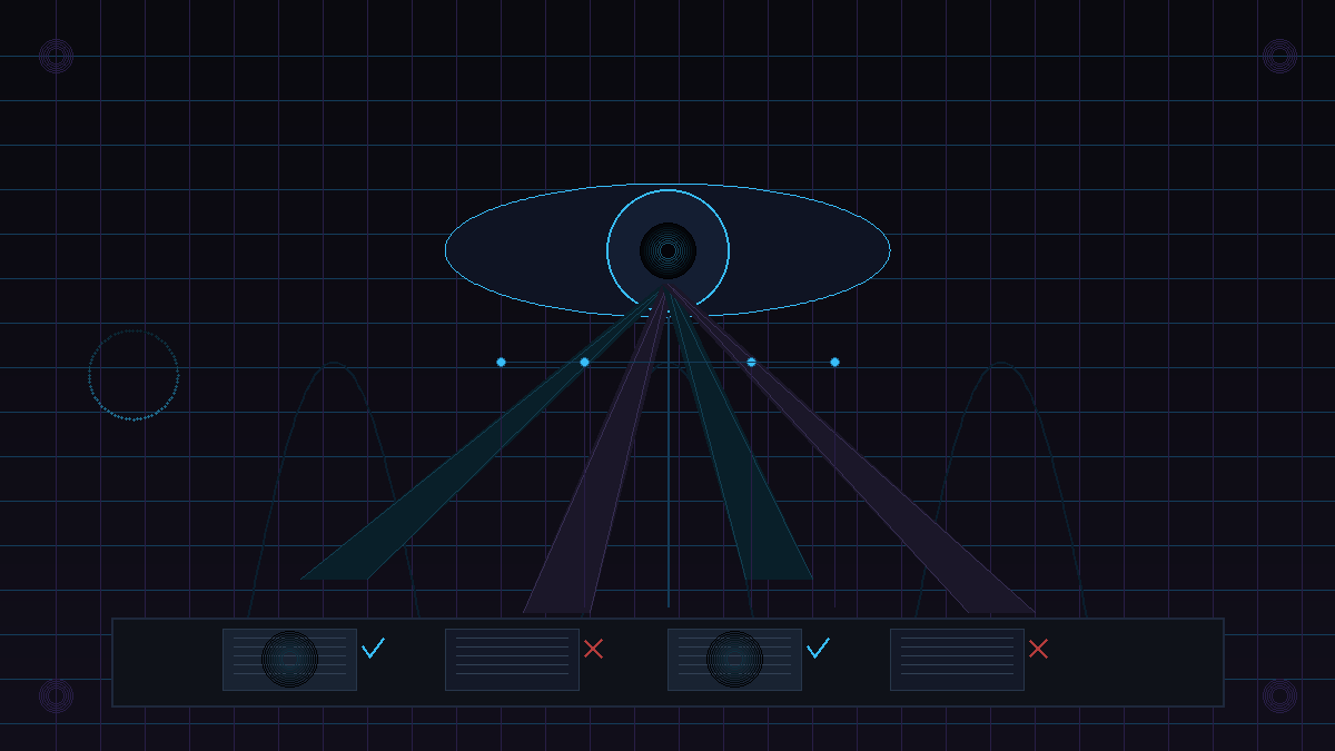 Oracle eye above review table with beams selecting worthy documents, cypherpunk goth style