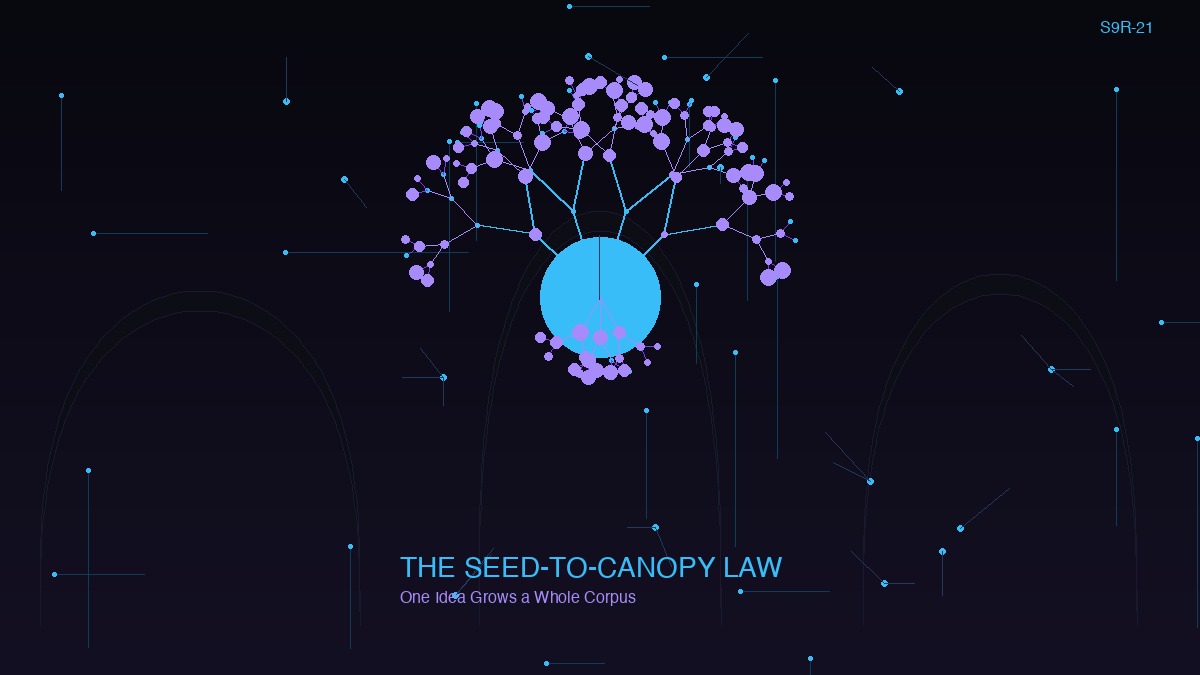 A single seed node sprouting a full branching knowledge canopy, neon cyan and violet on dark background