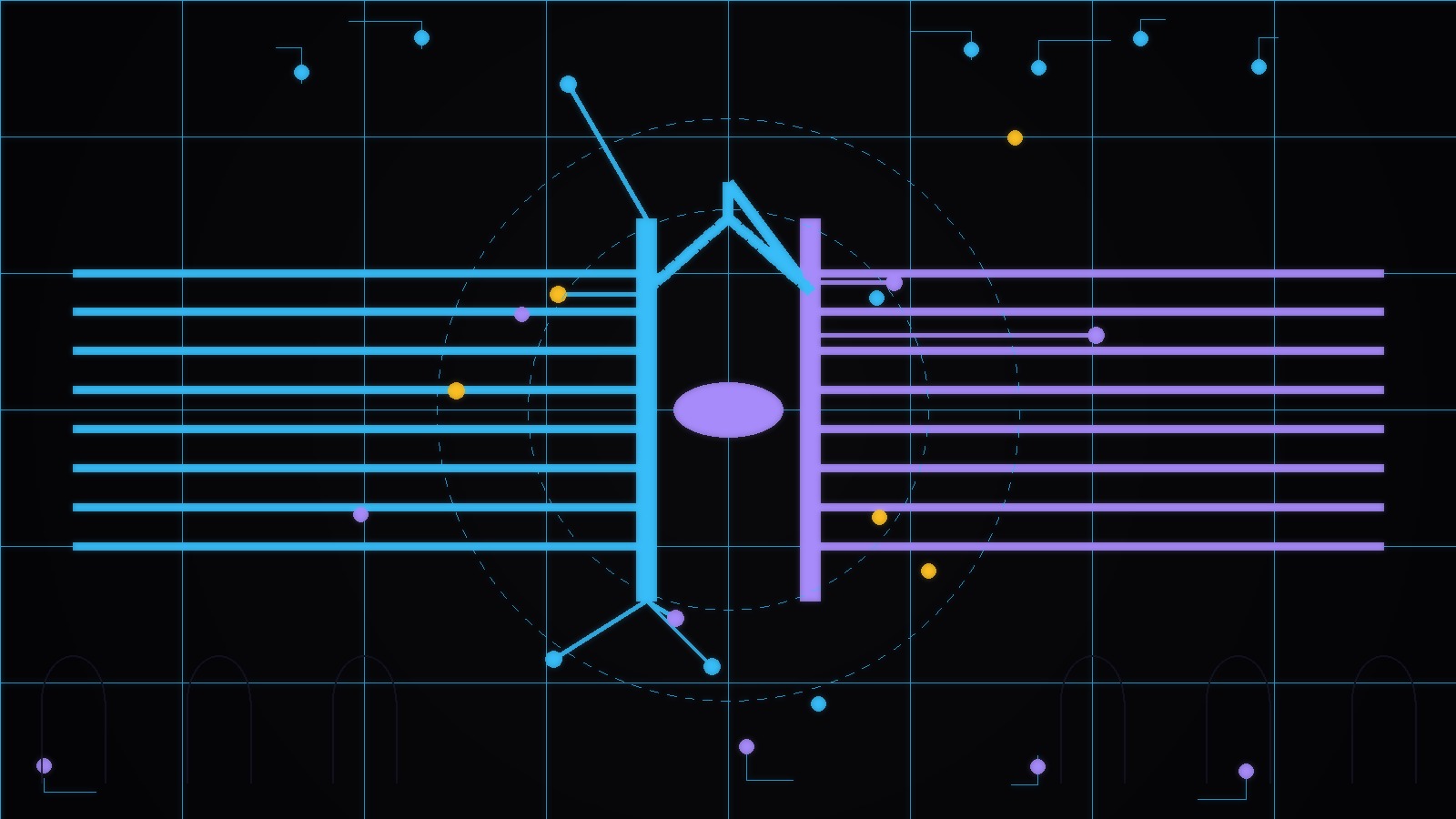 API gateway arch with request and response beams of light, cypherpunk goth style