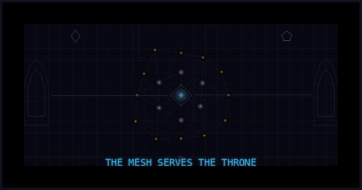 Cypherpunk-goth mesh network with central glow orb, gothic arches, circuit board grid, neon cyan violet gold