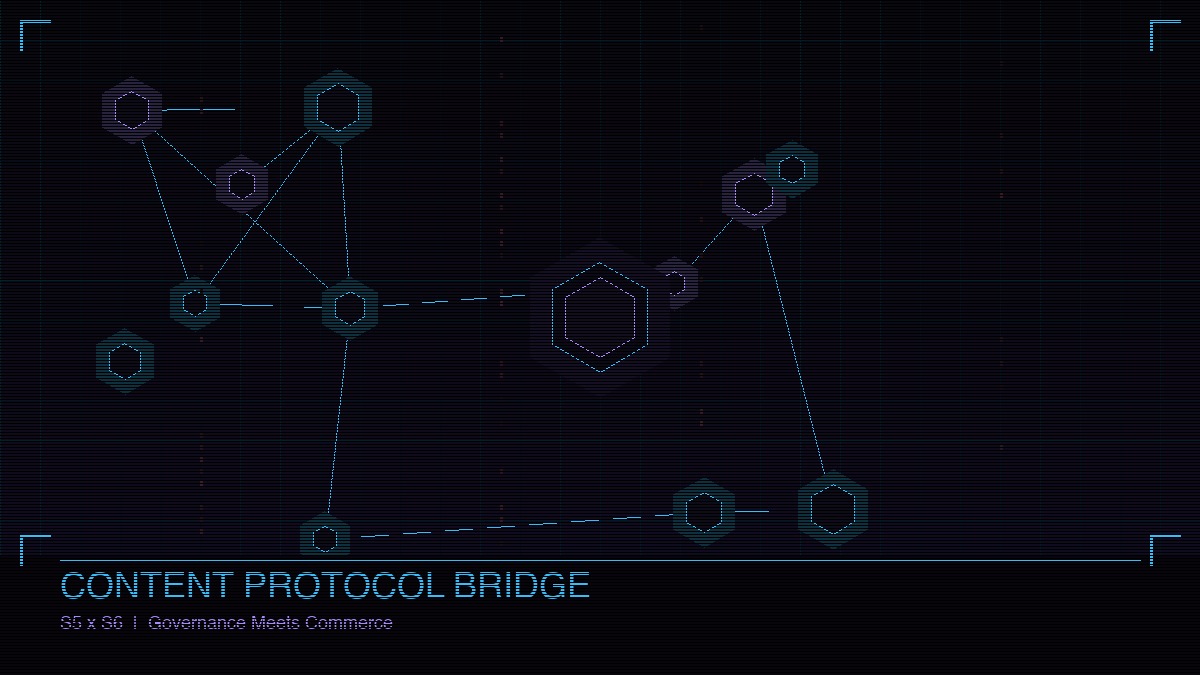 Cypherpunk goth mesh network — governance nodes connected by neon cyan and violet data streams