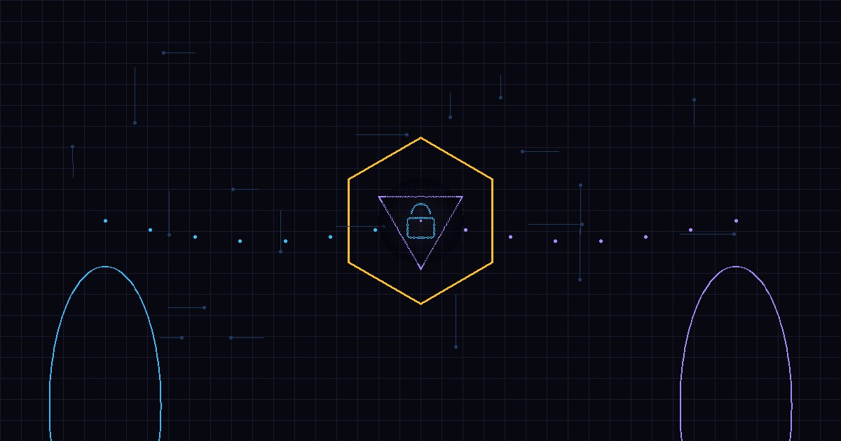 Cypherpunk goth governance shield with lock symbol, gothic arches, circuit traces, neon cyan violet gold