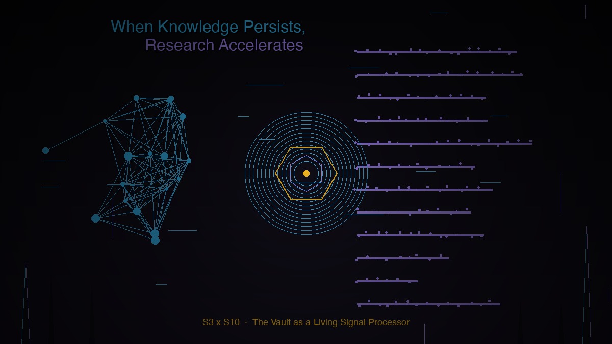 Knowledge graph nodes and research pipeline streams bridged by sacred geometry
