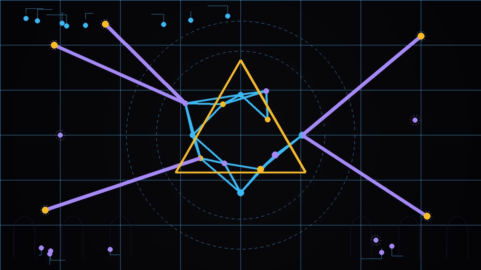 Knowledge graph with orphan nodes being linked — cypherpunk goth style