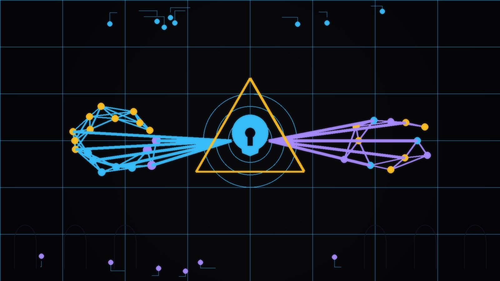 Cypherpunk goth hero: mesh network left, narrow gate center, solid-key geometry right, tool call flows through gate, gothic arches, circuit traces, sacred geometry triangle, neon cyan/violet/gold on dark