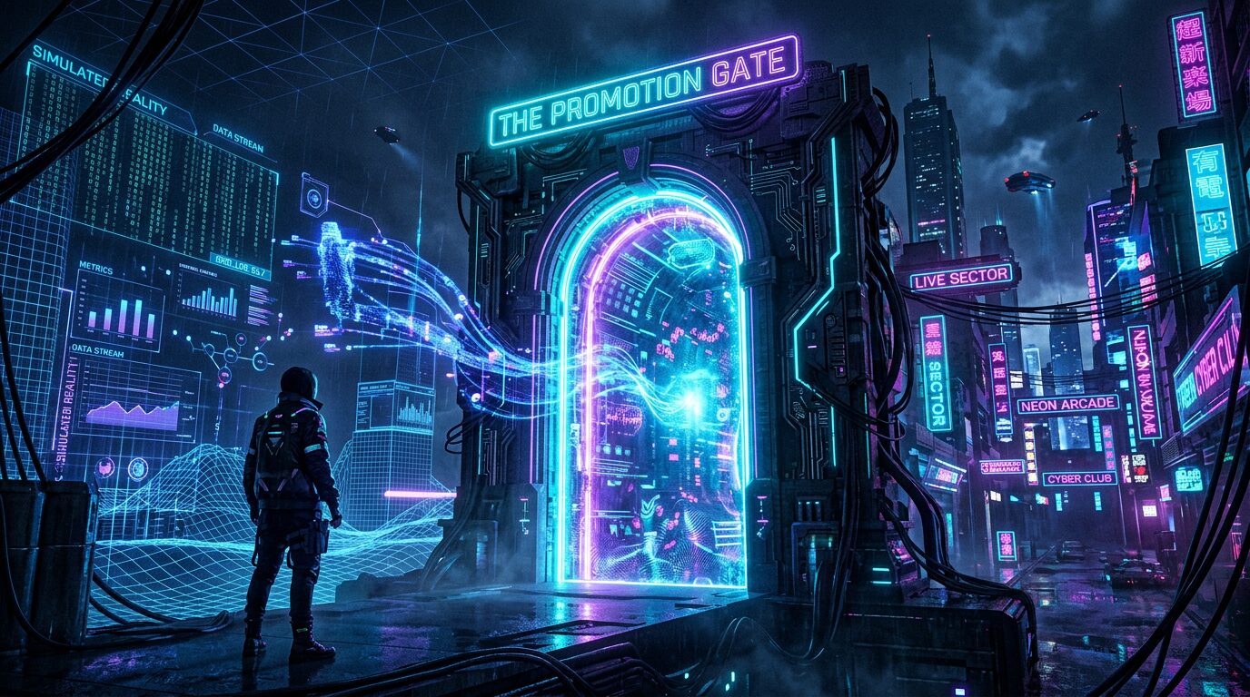 From Simulated to Live: The Promotion Gate — cyberpunk gateway between simulation and live operations