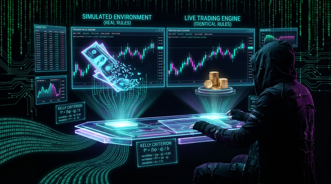Paper-trading real rules with sim money — cypherpunk goth holographic trading desk with neon cyan and violet data streams