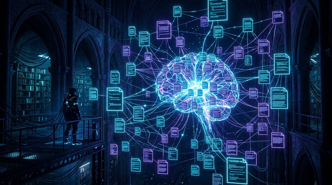 LLM Wiki knowledge nexus — interconnected markdown pages linked by neon cyan and violet threads