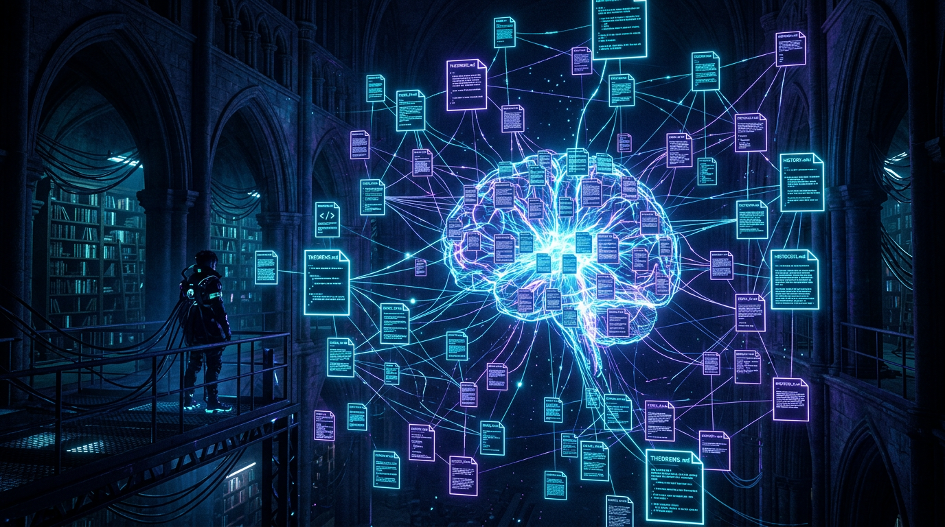 LLM Wiki knowledge nexus — interconnected markdown pages linked by neon cyan and violet threads