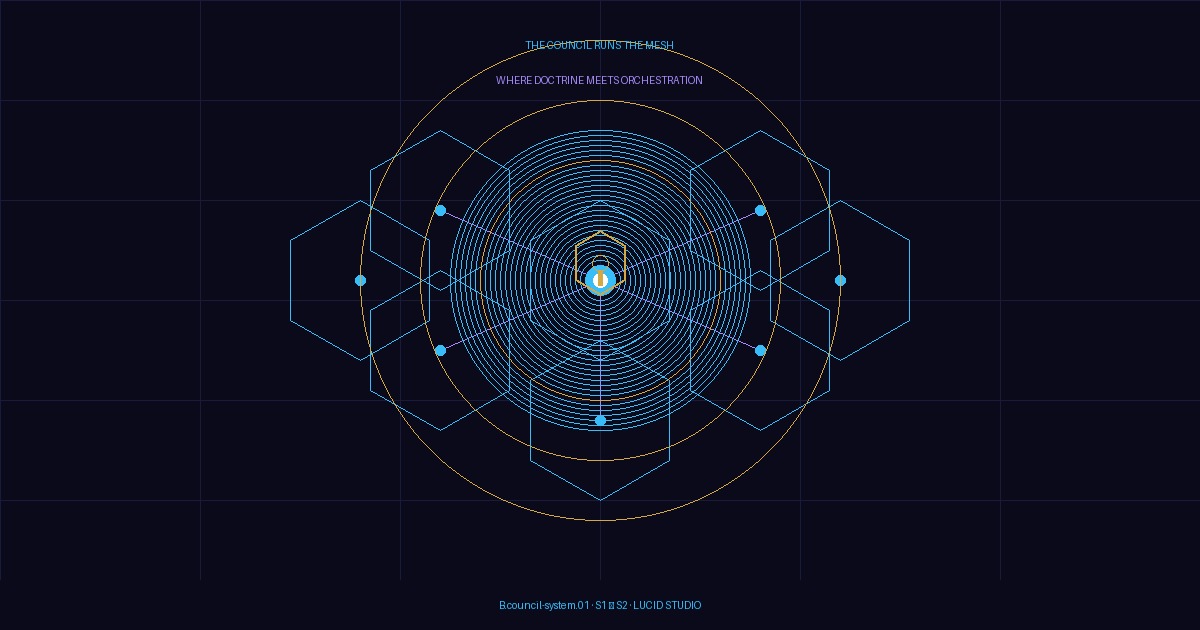 Cypherpunk goth hexagonal mesh network with governance shield symbol