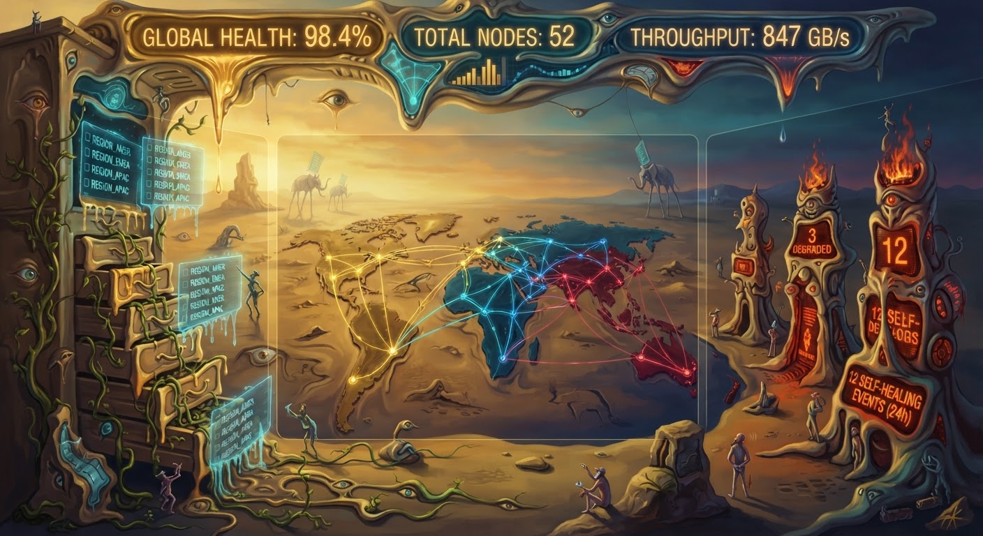 Enterprise Operations Dashboard showing 50-node mesh topology with global health metrics and self-healing events
