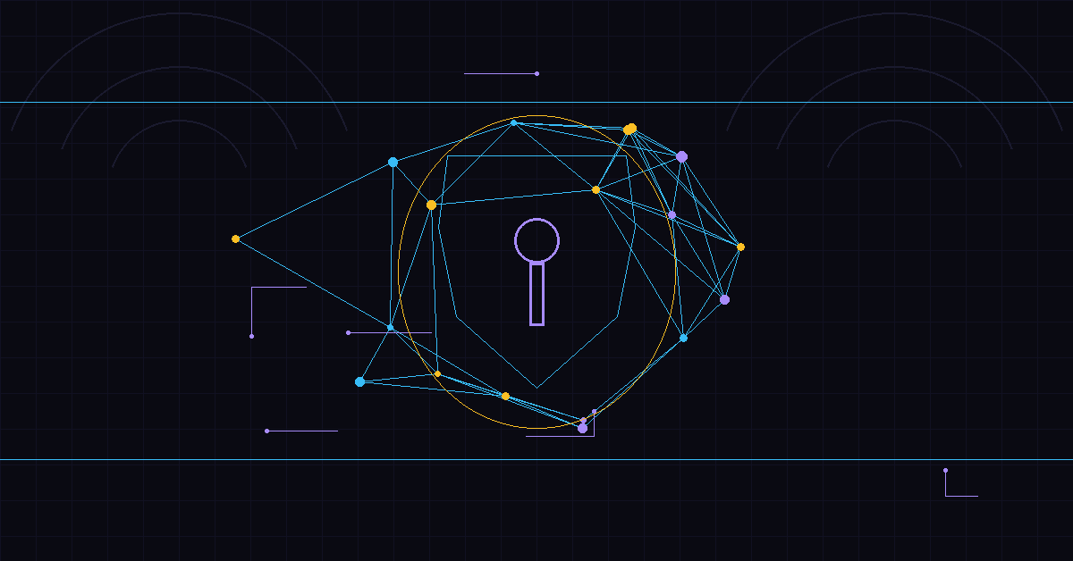 Cypherpunk goth hero: shield with keyhole, skill node constellation, gothic arches, circuit traces, neon cyan and violet