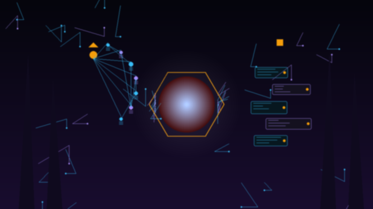 Dark neon HUD bridging mesh actor nodes with skill canvas cards — cypherpunk goth style