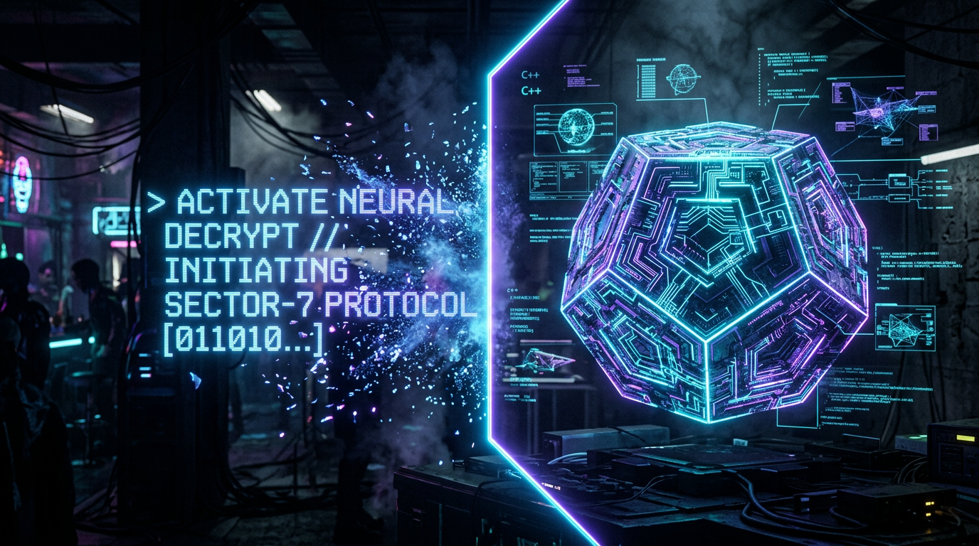 Why system prompt is not governance — Dark cypherpunk goth scene with glowing text prompt dissolving and crystalline Platonic solid geometry in neon cyan and violet