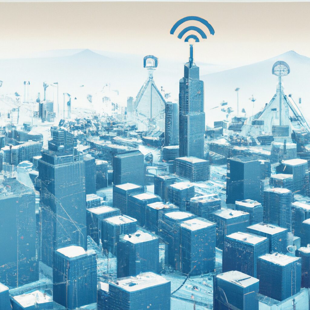 A futuristic cityscape with interconnected technologies.