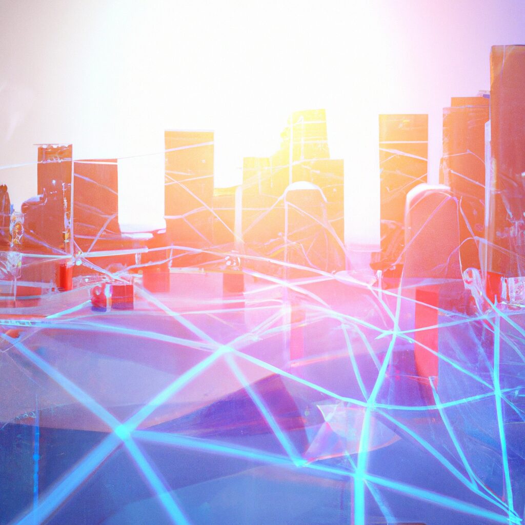 A futuristic digital cityscape with interconnected businesses.