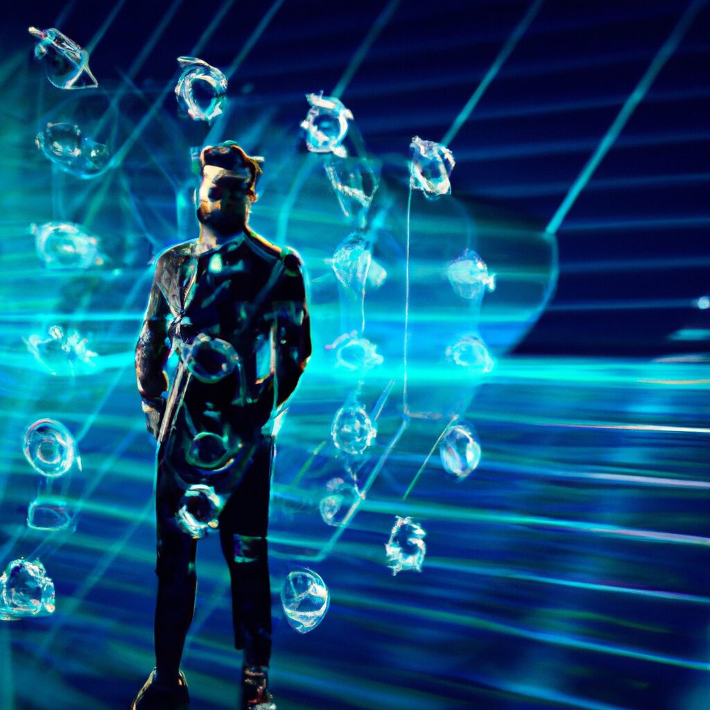 A futuristic digital ecosystem with AI-powered agents and a KPI Mega Dashboard.