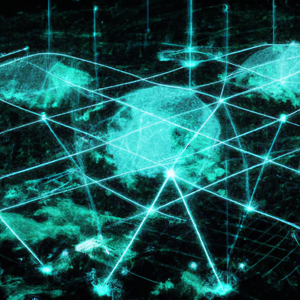A futuristic digital landscape with interconnected technologies.