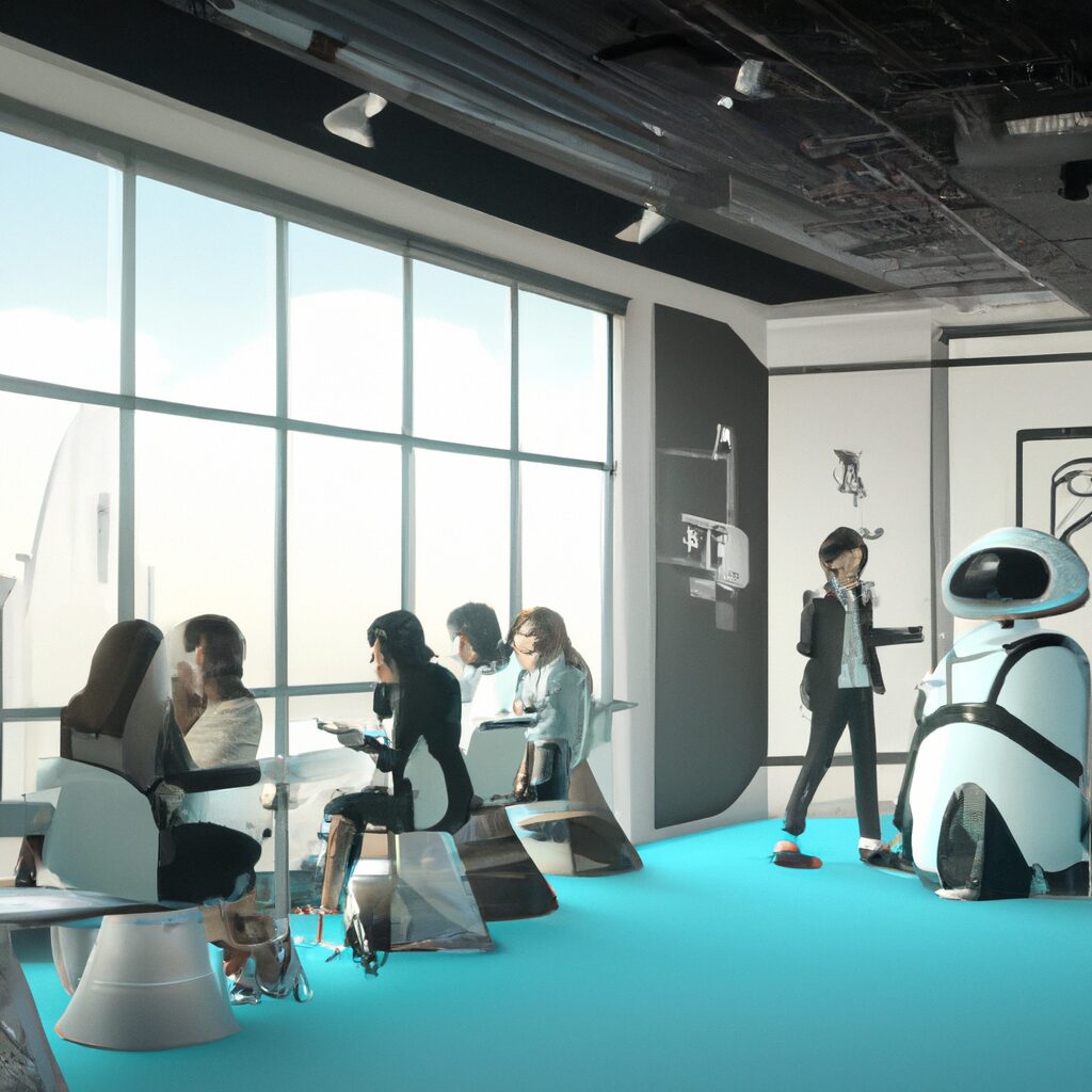 A futuristic office space with employees and AI-powered bots working together.
