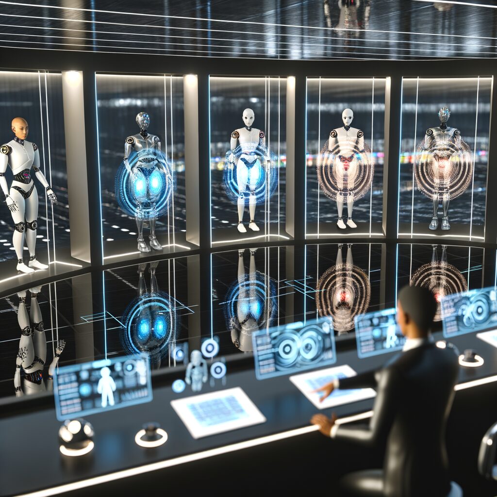 AI agents collaborating in a futuristic office.