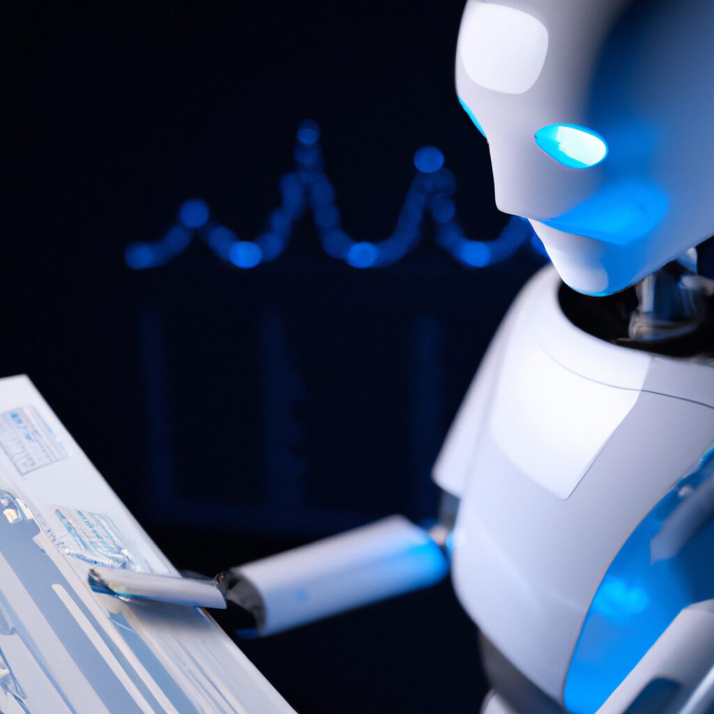 AI-powered robot analyzing data on computer.
