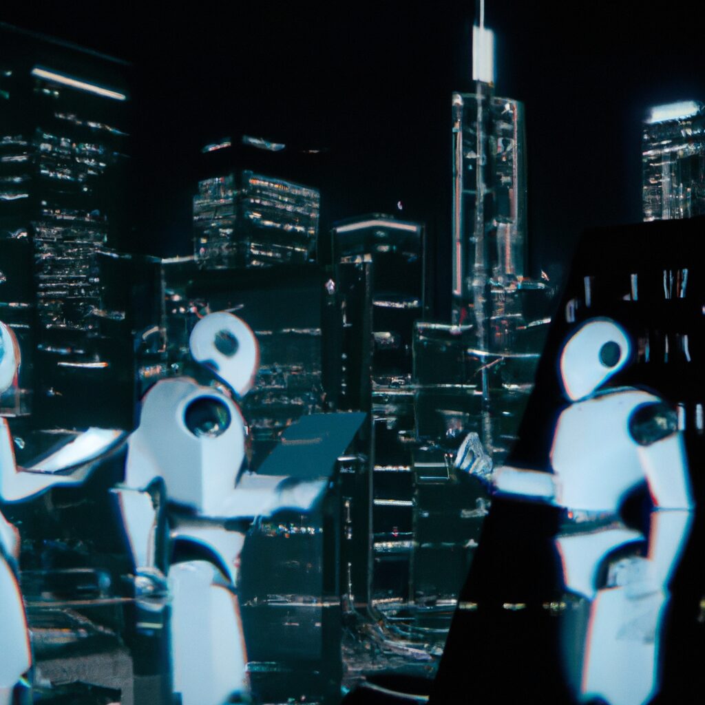 An image of a futuristic cityscape with interconnected digital devices and AI-powered robots working together to optimize business performance.