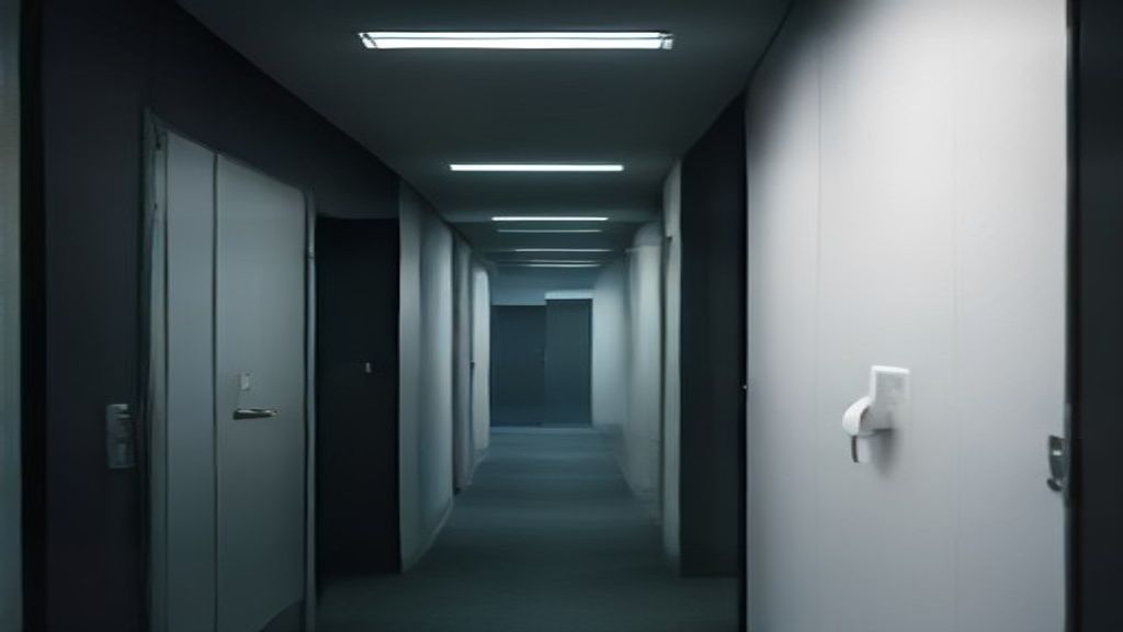Modern office corridor with flush-mounted cameras and compliance display