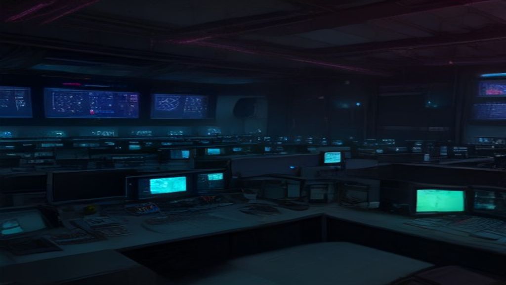 Office campus with distributed security mesh nodes across buildings, cyberpunk metropolis